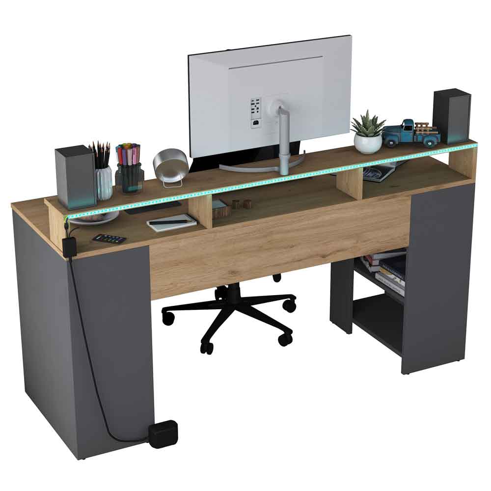Algarve Wooden Computer Desk in Anthracite and Walnut with LED
