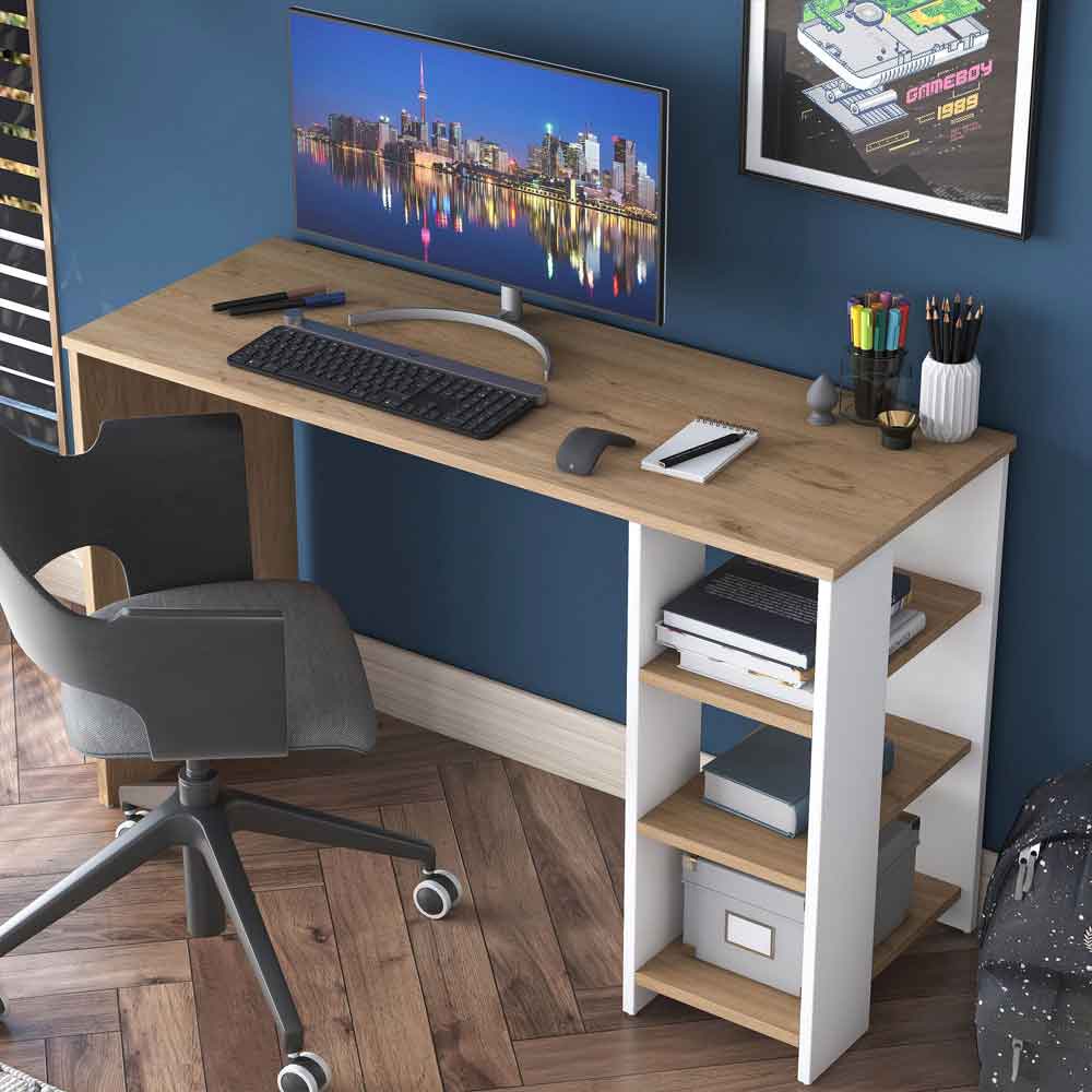 Algarve Wooden Laptop Desk with 3 shelves in White and Walnut