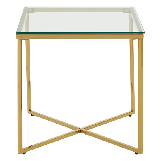Algorab Clear Glass Small End Table With Gold Finish Cross Base_2