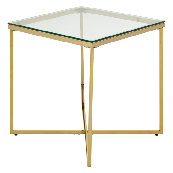 Algorab Clear Glass Small End Table With Gold Finish Cross Base_3
