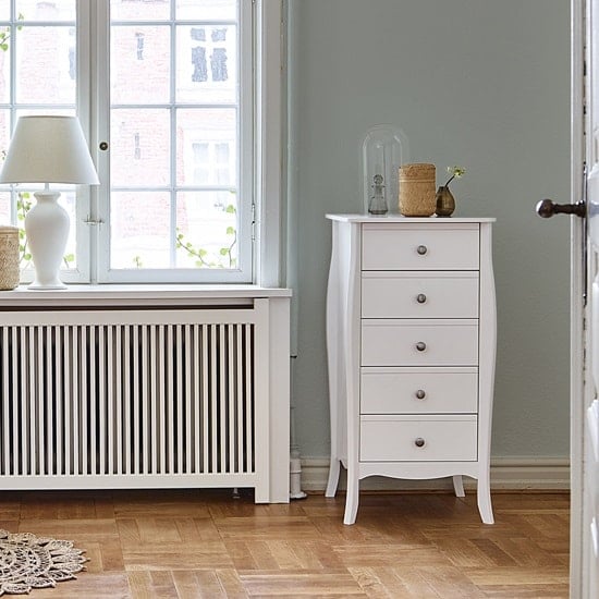 Alice Wooden Tall Chest Of Drawers In White With 5 Drawers