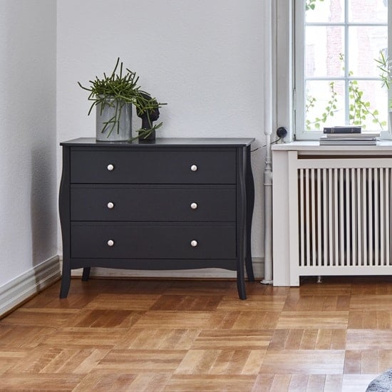 Alice Wooden Wide Chest Of Drawers In Black With 3 Drawers