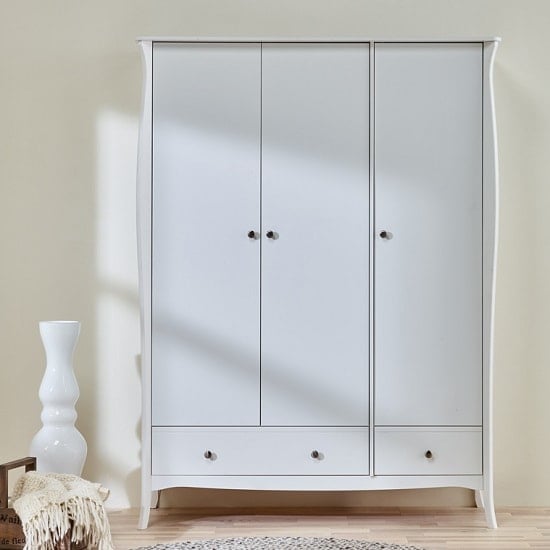 Alice Wooden Wardrobe In White With 3 Doors And 2 Drawers