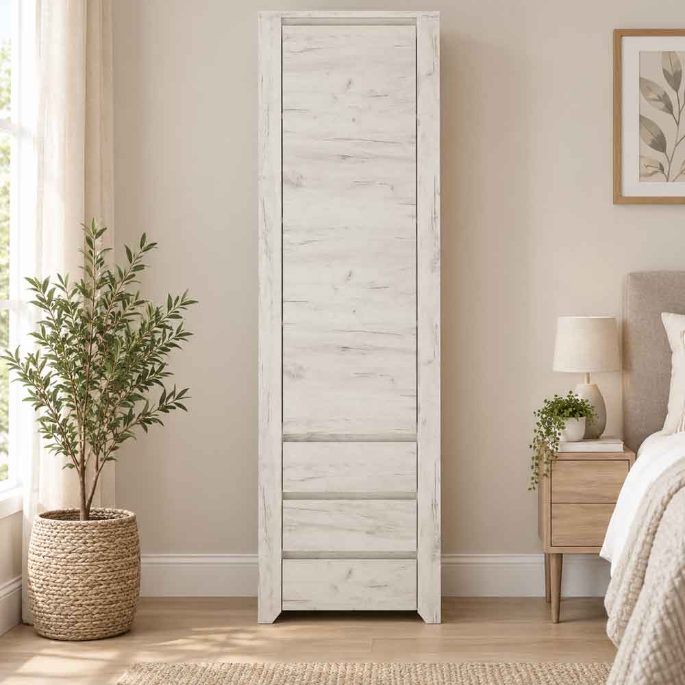Alink Tall Wooden Cupboard with 1 Door 3 Drawers in White