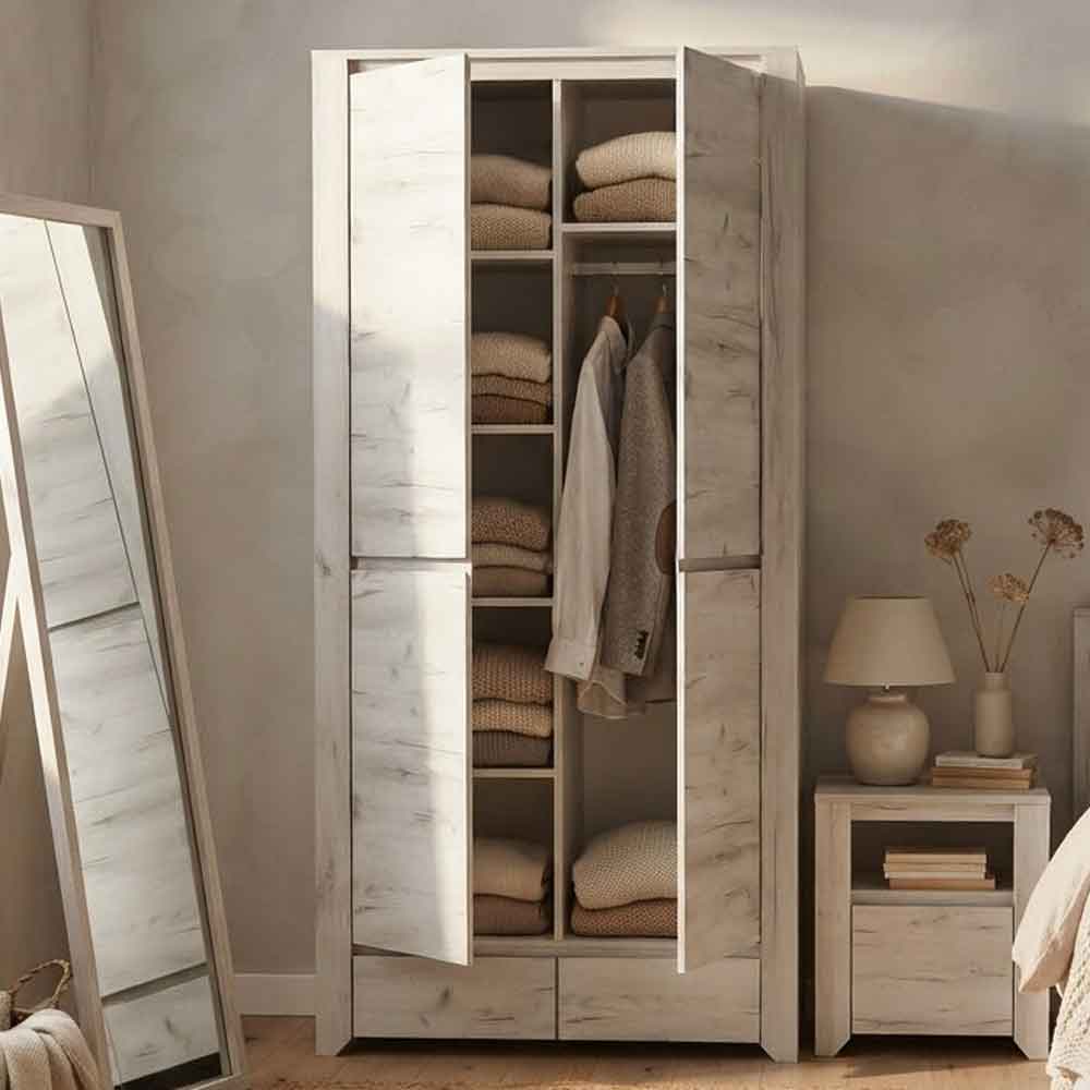 Alink Wooden Wardrobe with 2 Doors 2 Drawers in White