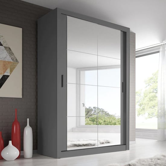 Product photograph of Aliso Wardrobe With 2 Mirrored Sliding Doors In Matt Grey from Furniture in Fashion