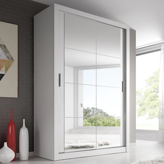 Product photograph of Aliso Wardrobe With 2 Mirrored Sliding Doors In Matt White from Furniture in Fashion