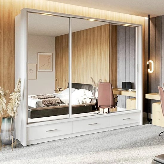 Read more about Aliso wardrobe with 3 sliding doors in matt white with led