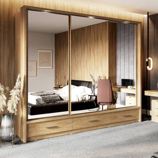 Photo of Aliso wardrobe with 3 sliding doors in shetland oak with led