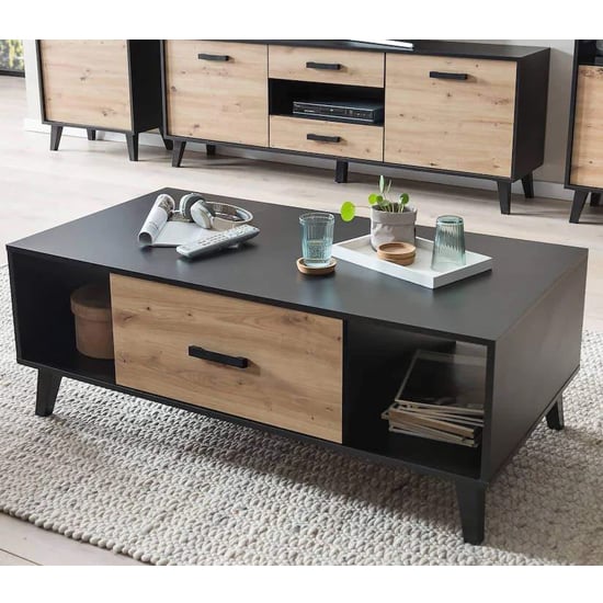 Photo of Aliso wooden coffee table with 1 drawer in artisan oak