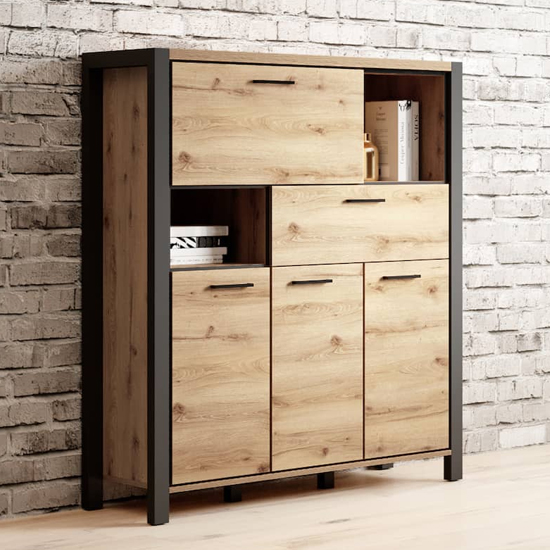 Product photograph of Aliso Wooden Highboard With 4 Doors 1 Drawer In Taurus Oak from Furniture in Fashion