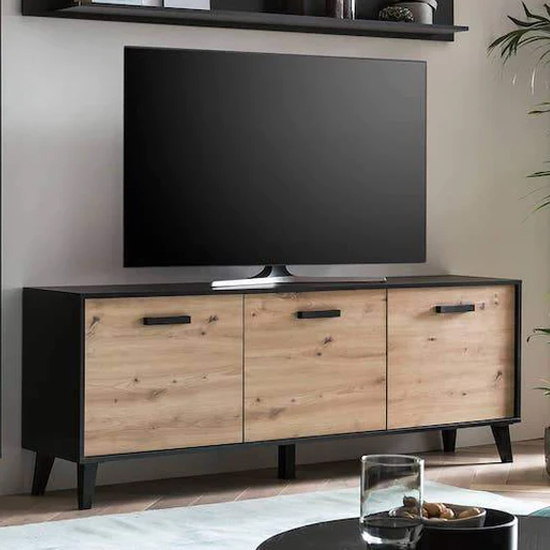 Photo of Aliso wooden tv stand with 3 doors in artisan oak