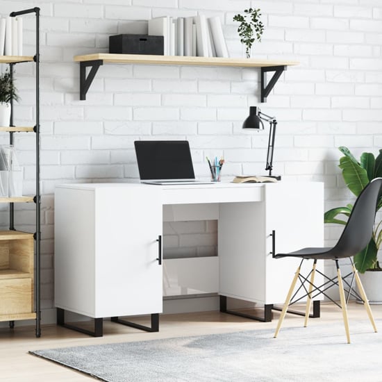 Alivia High Gloss Computer Desk With 2 Doors In White