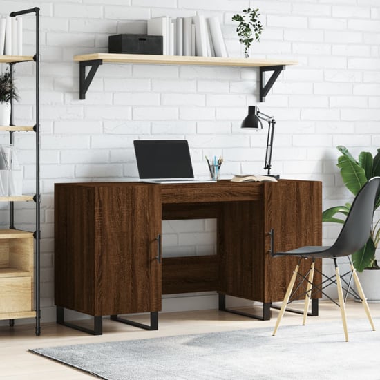 Product photograph of Alivia Wooden Computer Desk With 2 Doors In Brown Oak from Furniture in Fashion