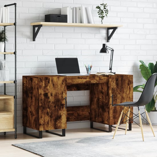 Alivia Wooden Computer Desk With 2 Doors In Smoked Oak