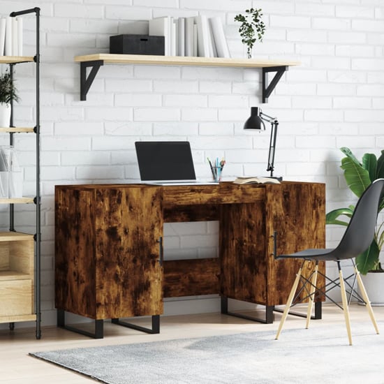 Product photograph of Alivia Wooden Computer Desk With 2 Doors In Smoked Oak from Furniture in Fashion