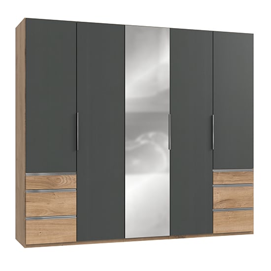 Product photograph of Alkes Mirrored 5 Doors Wardrobe In Graphite And Planked Oak from Furniture in Fashion