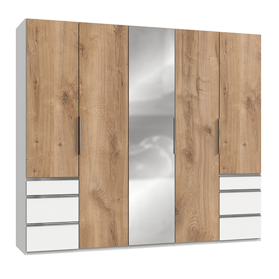 Product photograph of Alkes Mirrored 5 Doors Wardrobe In Planked Oak And White from Furniture in Fashion