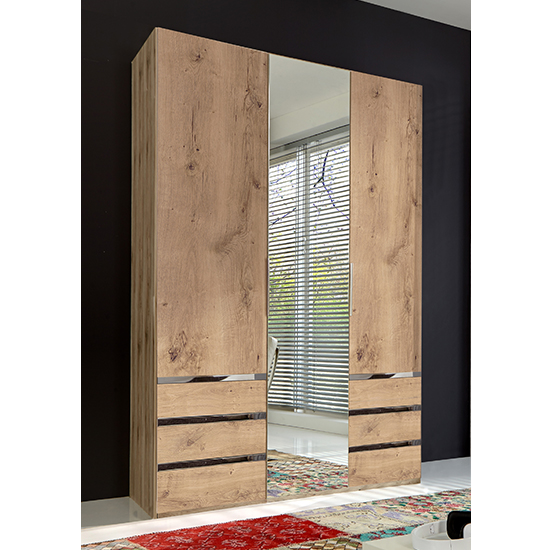 Product photograph of Alkes Mirrored Wardrobe In Planked Oak With 3 Doors 6 Drawers from Furniture in Fashion