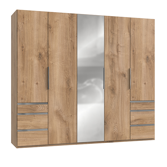 Read more about Alkes mirrored wardrobe in planked oak with 5 doors 6 drawers