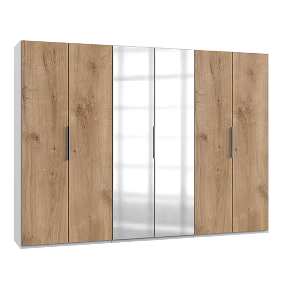 Read more about Alkes mirrored wardrobe in planked oak and white with 6 doors