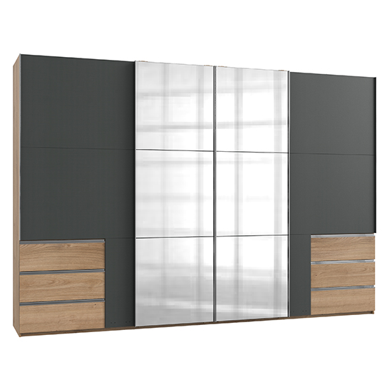 Alkesia 4 Doors Mirrored Wide Wardrobe In Graphite Planked Oak