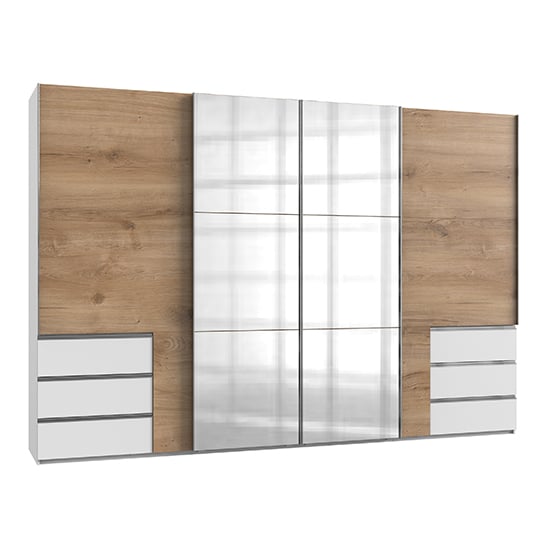 Product photograph of Alkesia 4 Doors Mirrored Wide Wardrobe In Planked Oak And White from Furniture in Fashion