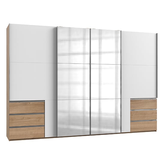 Alkesia 4 Doors Mirrored Wide Wardrobe In White And Planked Oak