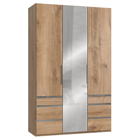 Product photograph of Alkesia Mirrored 3 Doors Wardrobe In Planked Oak With 6 Drawers from Furniture in Fashion