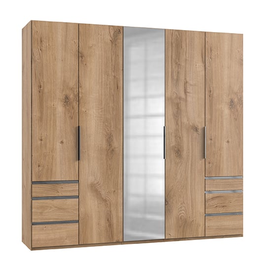 Alkesia Mirrored 5 Doors Wardrobe In Planked Oak With 6 Drawers