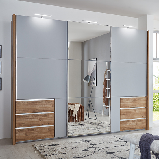 Read more about Alkesia mirrored sliding wardrobe in light grey planked oak