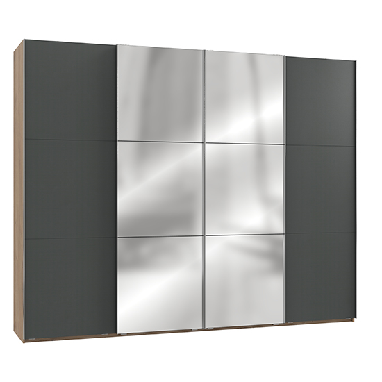 Read more about Alkesia mirrored sliding 4 door wardrobe in graphite planked oak