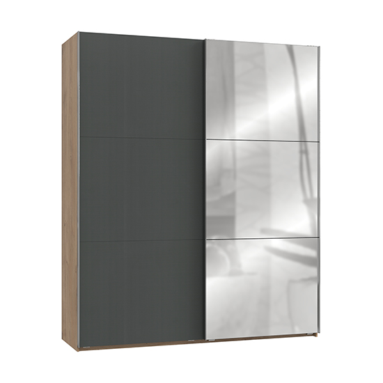 Read more about Alkesia mirrored sliding door wardrobe in graphite planked oak