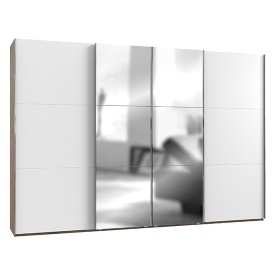 Read more about Alkesia mirrored 4 doors wide wardrobe in white and planked oak