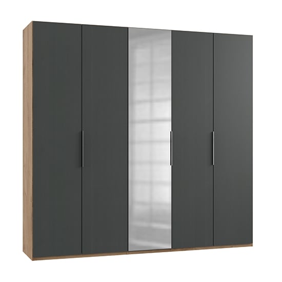 Alkesia Mirrored 5 Doors Wardrobe In Graphite And Planked Oak