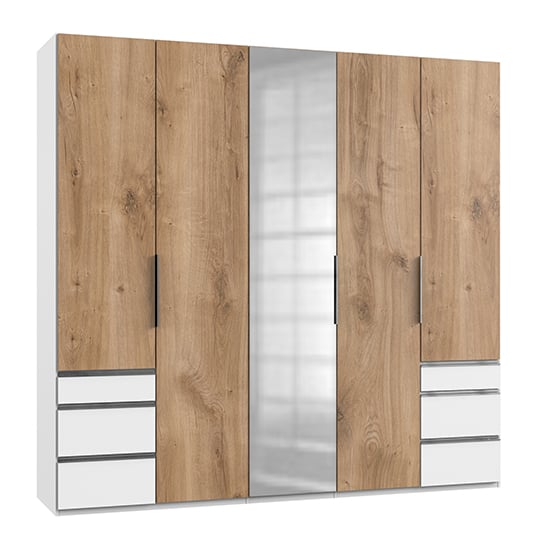 Read more about Alkesia mirrored 5 doors wardrobe in planked oak and white