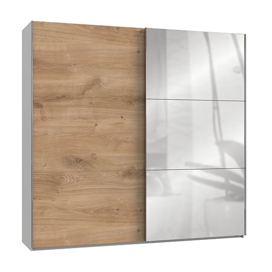 Read more about Alkesia mirrored door wide wardrobe in planked oak and white