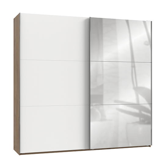 Read more about Alkesia mirrored door wide wardrobe in white and planked oak