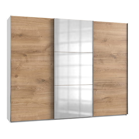 Read more about Alkesia mirrored sliding 3 doors wardrobe in planked oak white