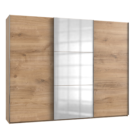 Read more about Alkesia mirrored sliding 3 doors wardrobe in planked oak