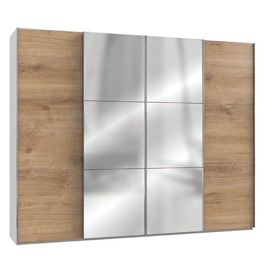 Read more about Alkesia mirrored sliding 4 doors wardrobe in planked oak white