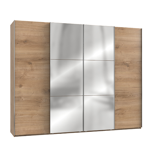 Read more about Alkesia mirrored sliding 4 doors wardrobe in planked oak