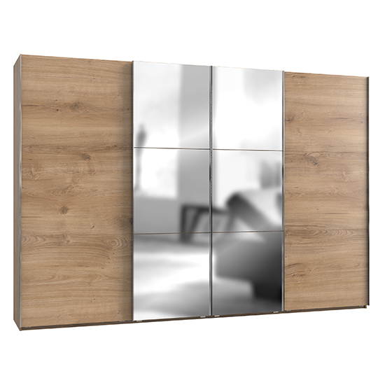 Read more about Alkesia mirrored sliding 4 doors wide wardrobe in planked oak