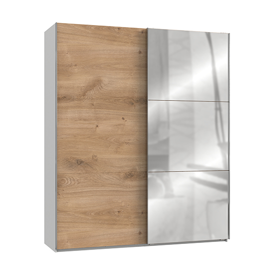 Alkesia Mirrored Sliding Door Wardrobe In Planked Oak And White