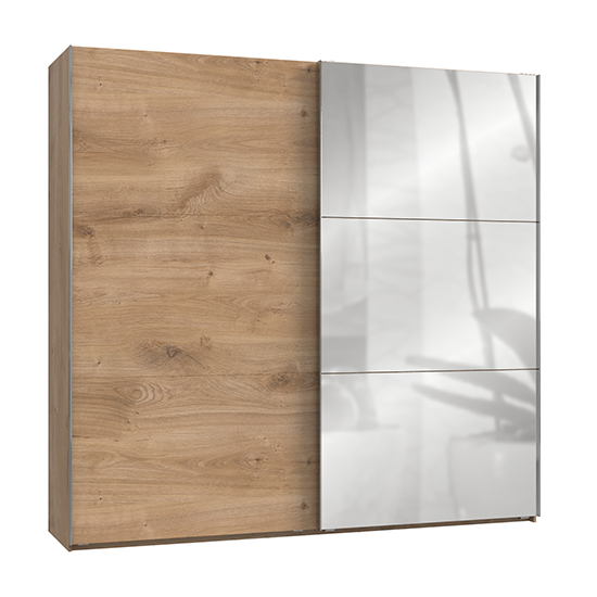 Read more about Alkesia mirrored sliding door wide wardrobe in planked oak