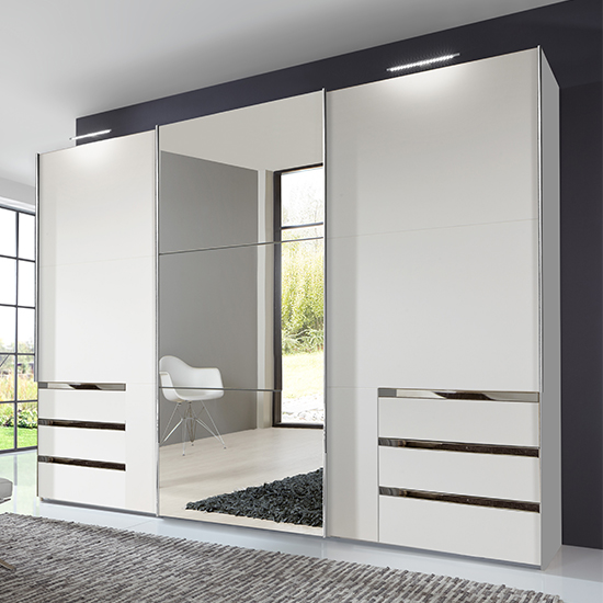 Alkesia Sliding 3 Doors Mirrored Wide Wardrobe In White