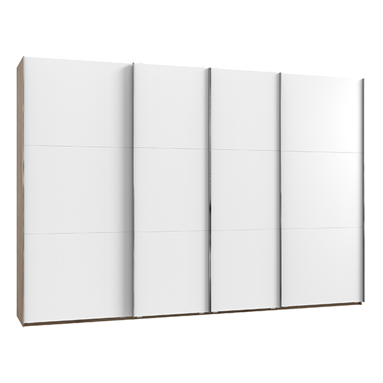 Alkesia Sliding 4 Doors Wide Wardrobe In White And Planked Oak
