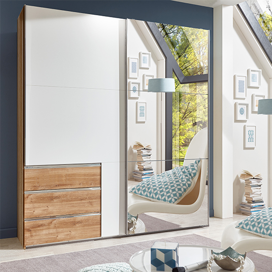 Read more about Alkesia sliding door mirrored wardrobe in white and planked oak