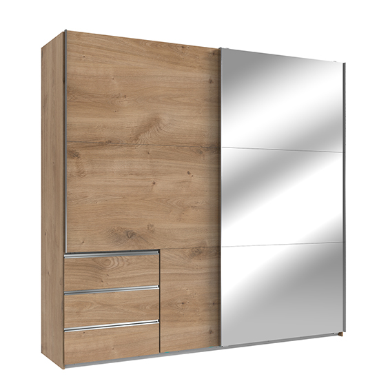 Read more about Alkesia sliding door mirrored wide wardrobe in planked oak