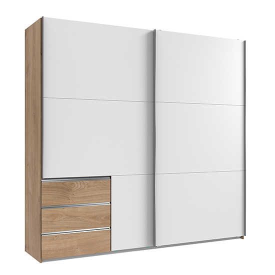 Read more about Alkesia sliding door wooden wide wardrobe in white planked oak